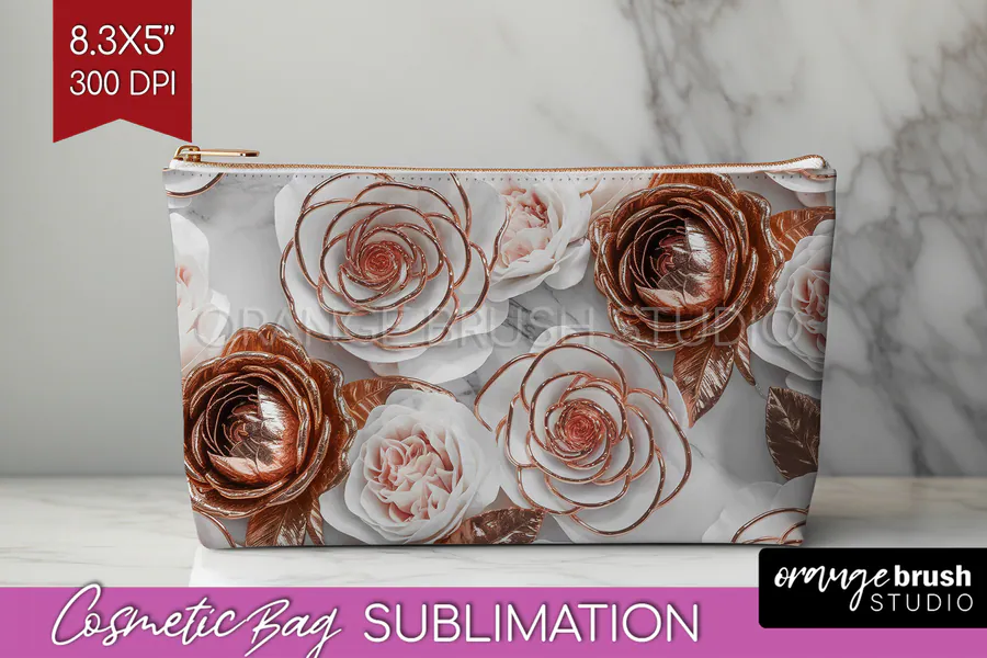 3D Rose Marble Cosmetic Bag PNG preview for sublimation makeup bag designs