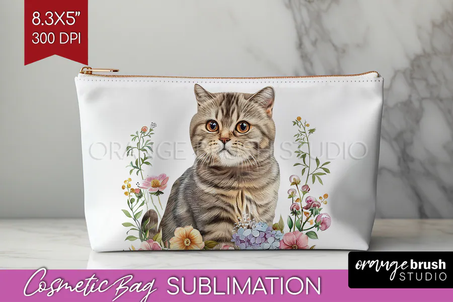 Floral Cat Cosmetic Bag PNG preview for sublimation makeup bag designs