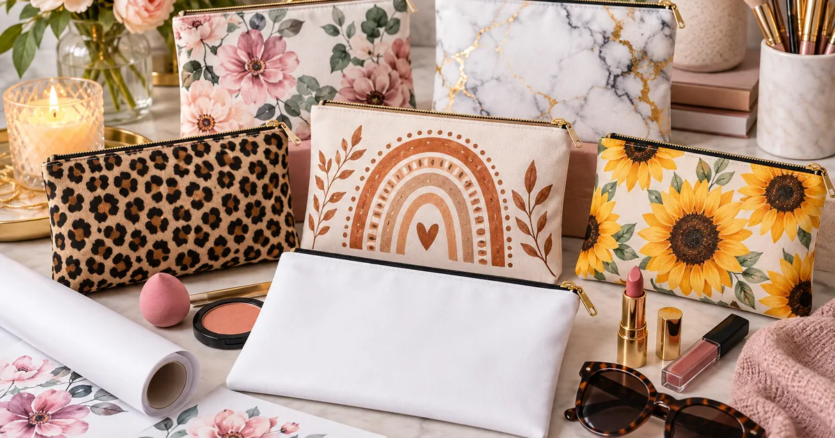 Floral and boho sublimation makeup bags with transfer sheets on a clean beauty craft table