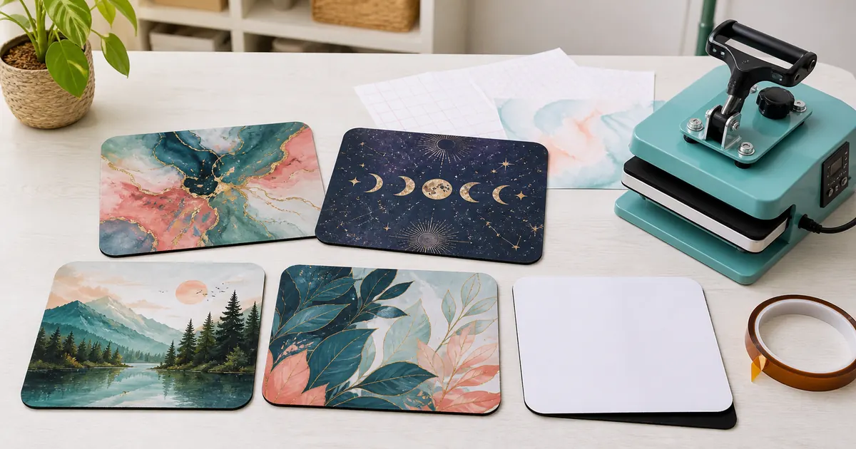 Colorful finished mouse pad sublimation designs beside a blank mouse pad and pressing supplies