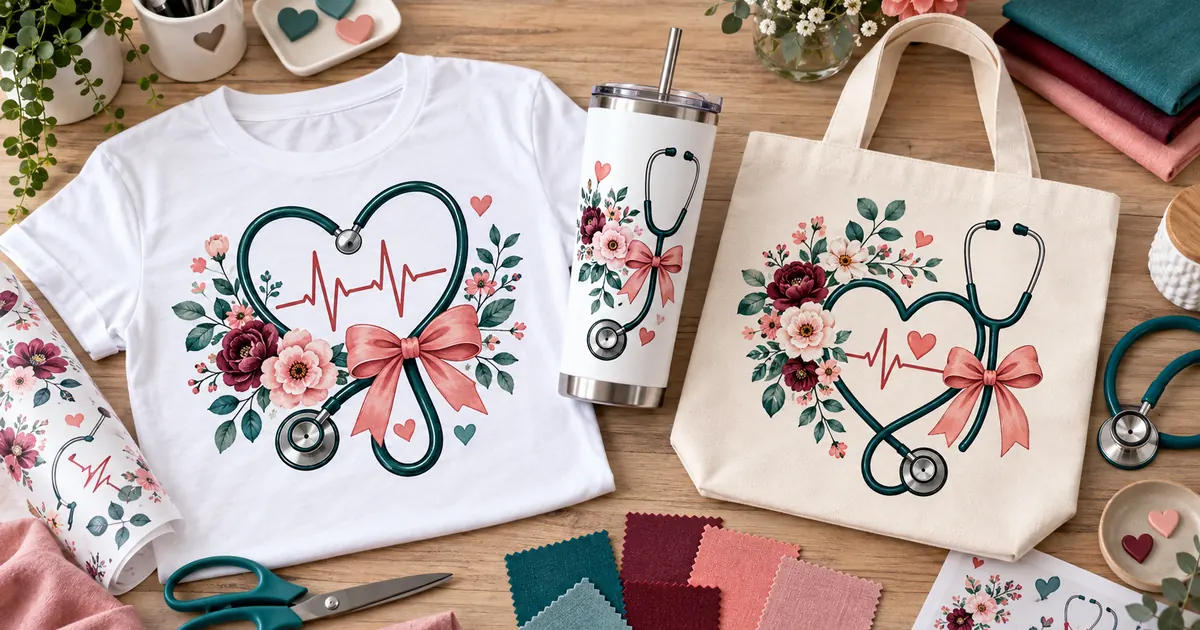 Nurse sublimation gifts with stethoscope, heartbeat, bows and floral details