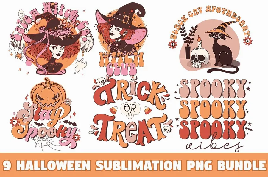 Retro Halloween Sublimation PNG Bundle preview for nostalgic Halloween crafts