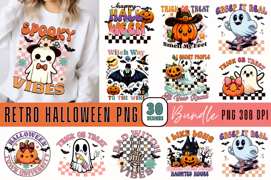 Retro Halloween Sublimation PNG Bundle preview for retro sublimation shirt designs