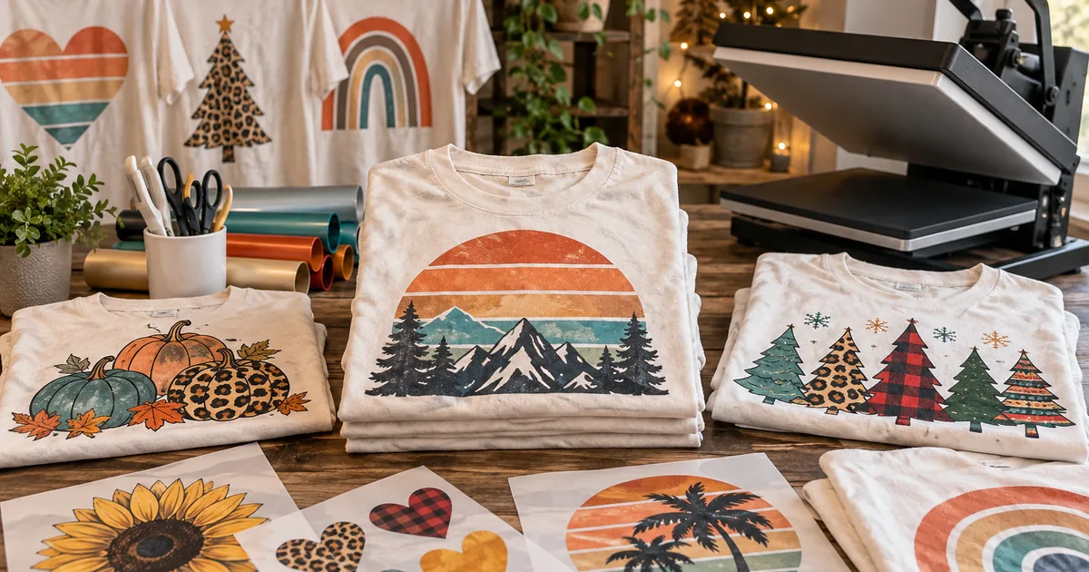 Retro and holiday sublimation shirt transfers with light blank tees on a colorful craft table