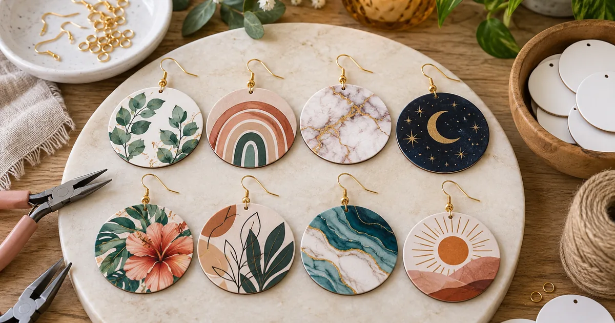 Round sublimation earrings with rainbow, floral and abstract patterns on a bright jewelry table