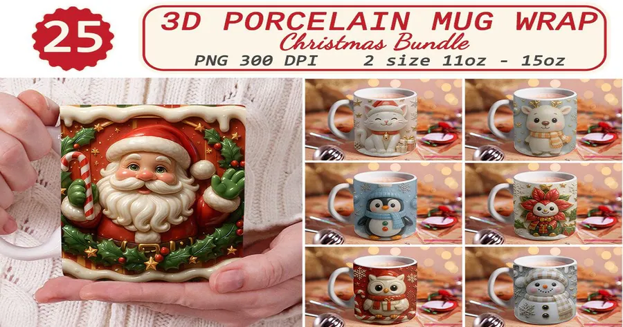 3D Porcelain Effect Christmas Mug Wrap Bundle preview for Christmas mug sublimation designs