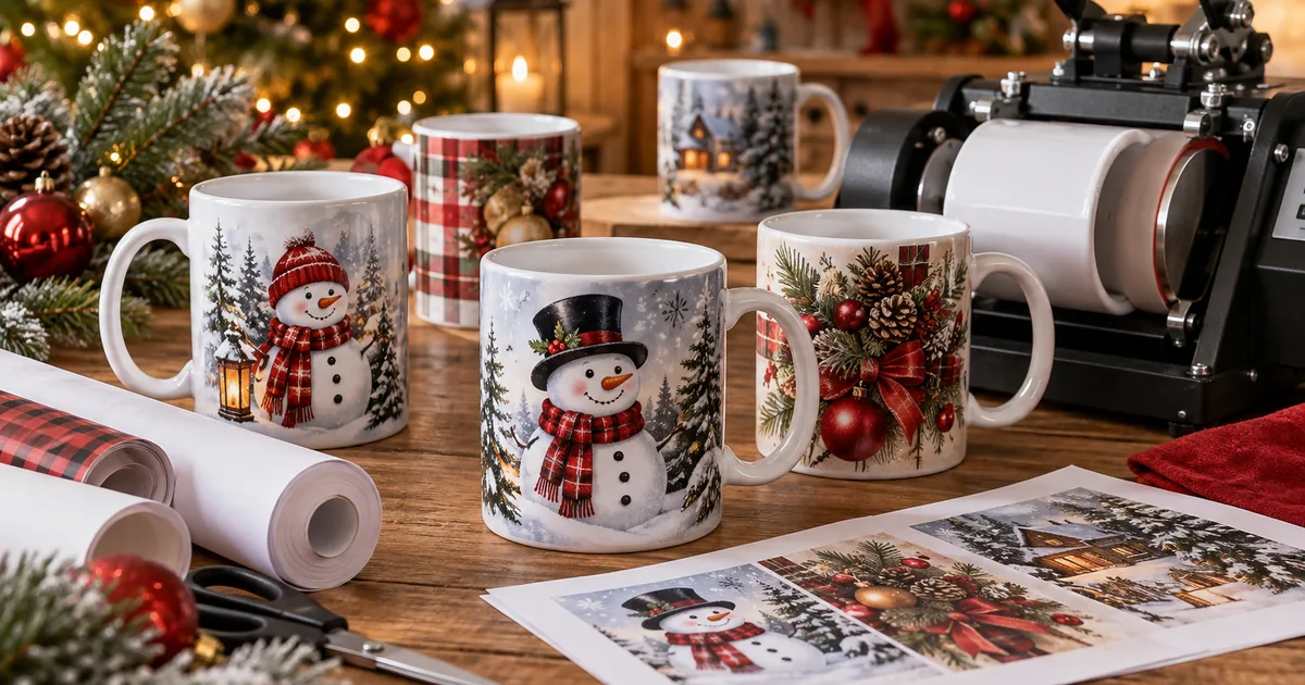 Snowman and Christmas sublimation mugs beside a mug press and festive transfer sheets