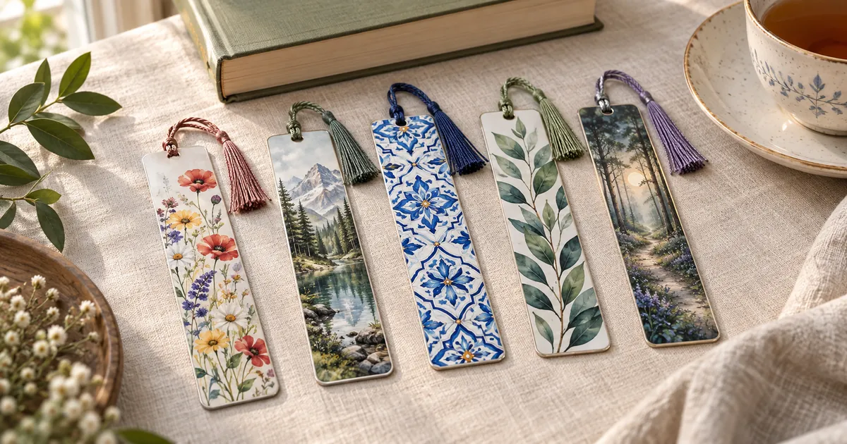 Sublimation bookmarks with flowers and woodland artwork arranged beside a book