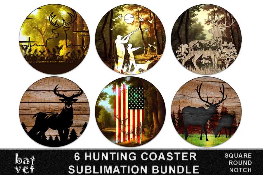Hunting Coaster Sublimation PNG Bundle preview for sublimation coaster designs