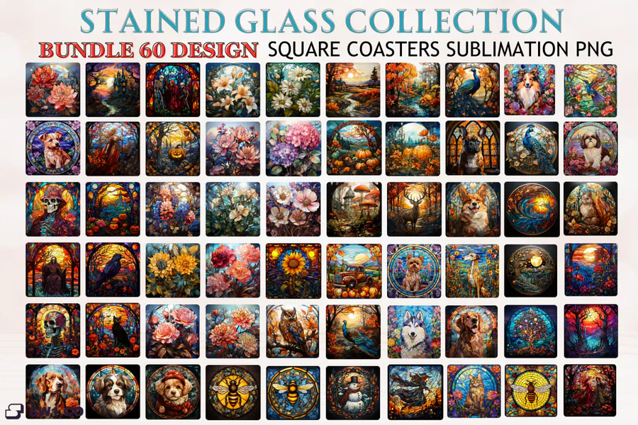 60 Square Coaster Sublimation Bundle PNG preview for sublimation coaster designs