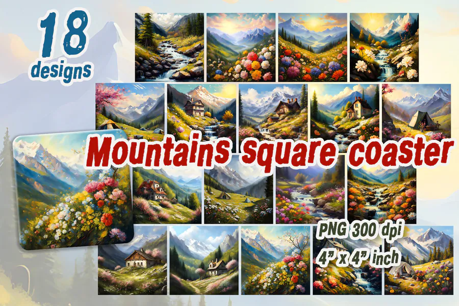 Mountains Square Coaster Bundle preview for sublimation coaster designs