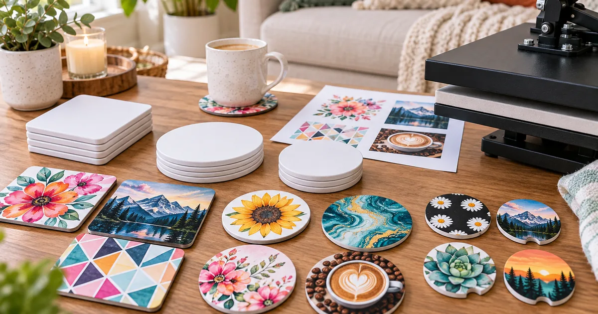 Colorful sublimation coasters on a coffee table beside blanks and a heat press