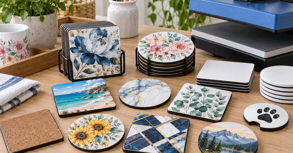 Round, square and car sublimation coasters with colorful designs beside a heat press