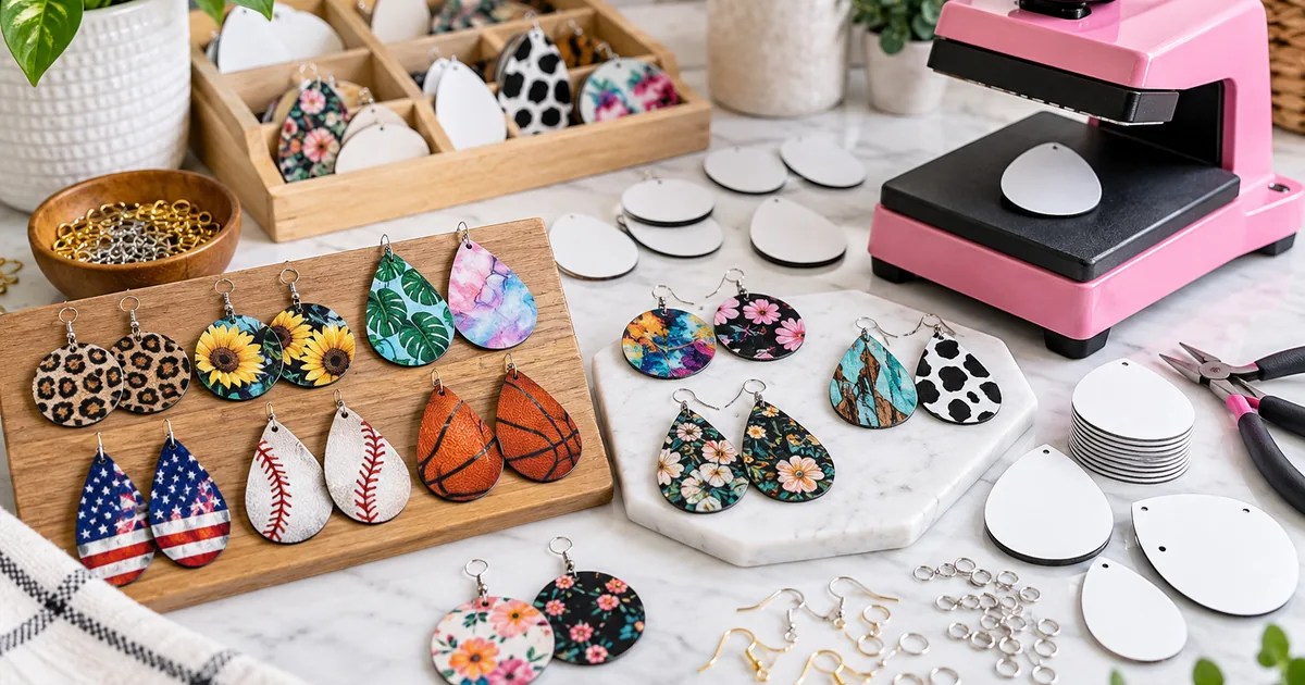 Colorful round and teardrop sublimation earrings from coordinated PNG bundles on a craft table
