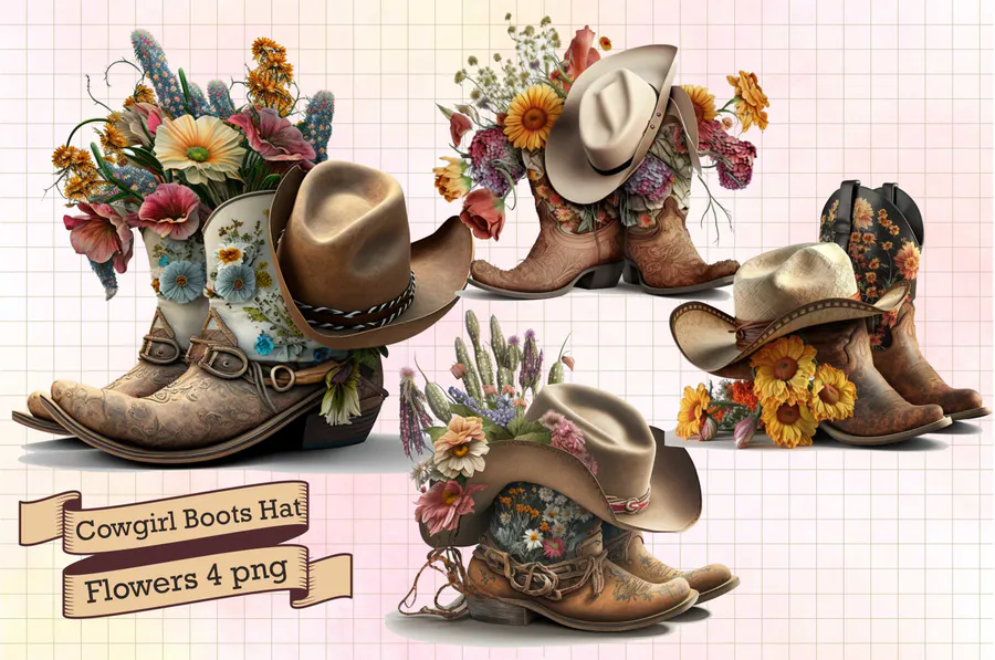 Cowgirl Boots Hat Flowers Sublimation preview for sublimation hat designs