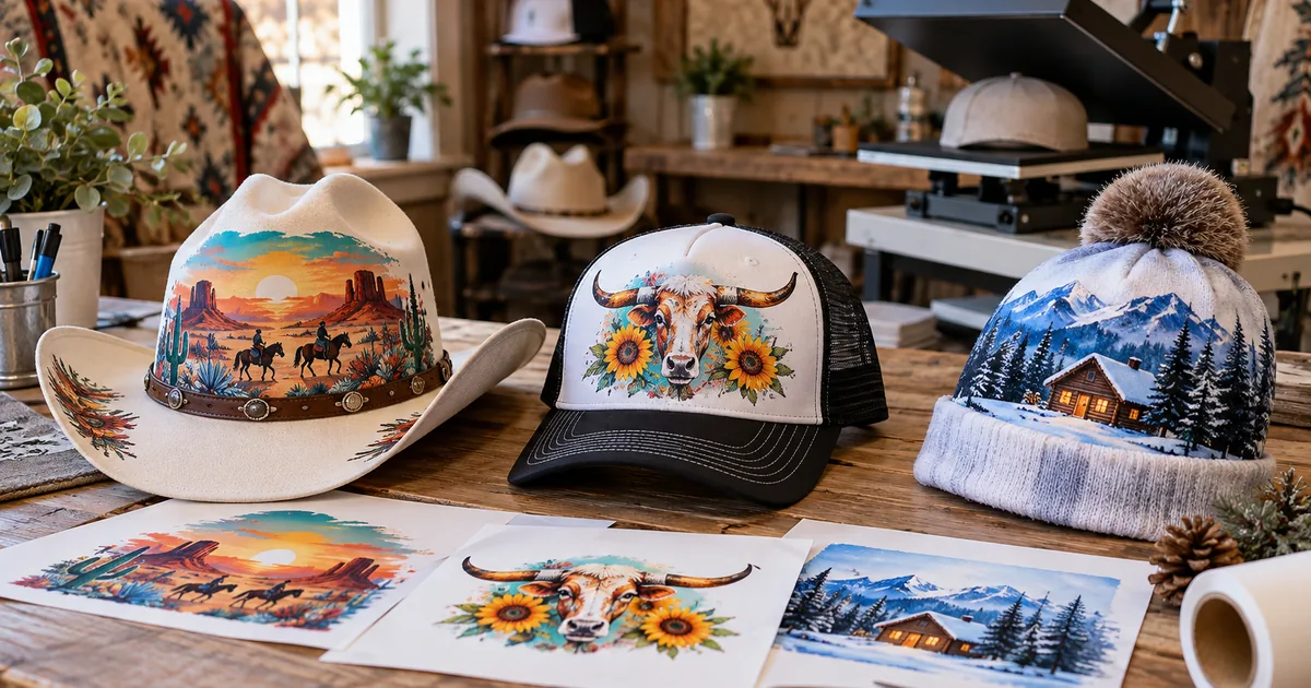 Western and seasonal sublimation hat blanks with colorful transfers in a bright studio