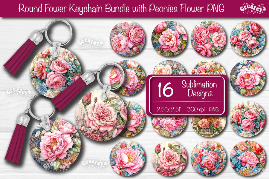 Pink Peony Round Keychain Bundle preview for sublimation keychain designs