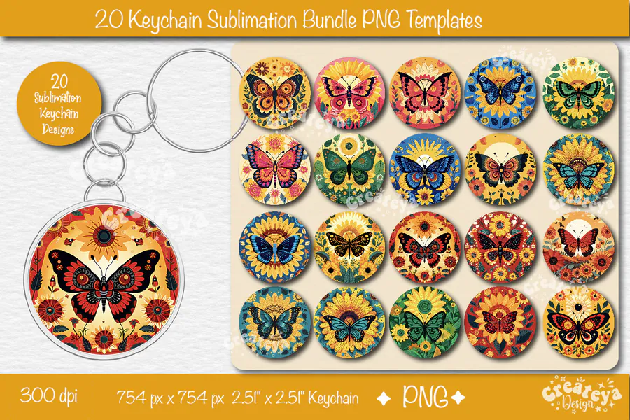 Butterfly and Sunflower Keychain Bundle preview for sublimation keychain designs