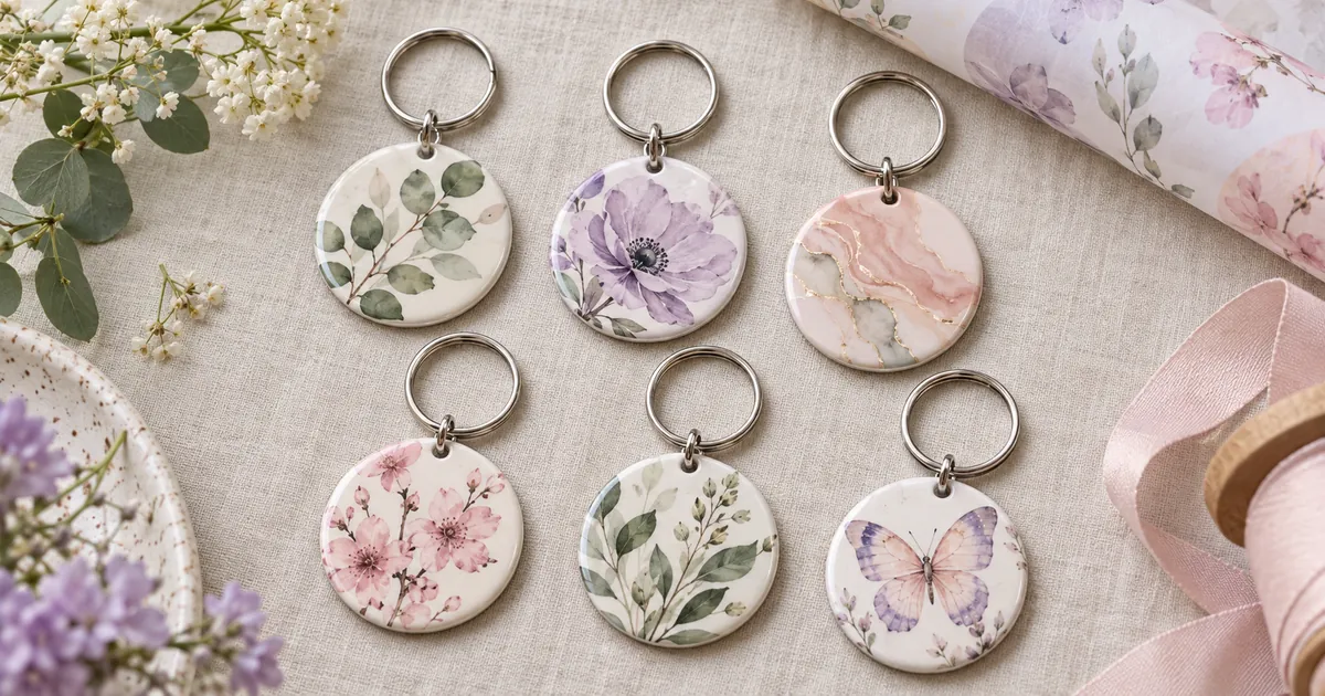 Six finished round sublimation keychains with floral and botanical designs on a linen craft table