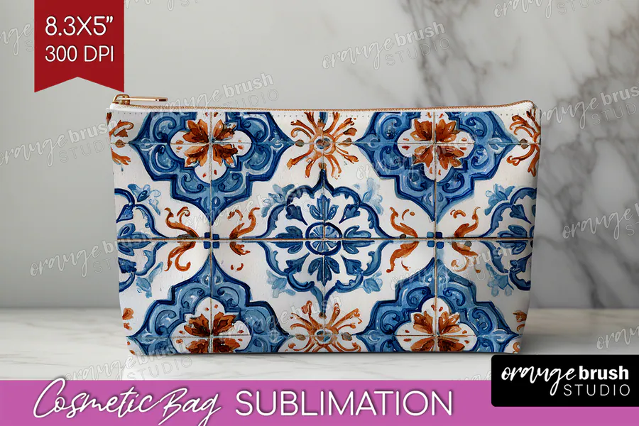 Italian Tile Cosmetic Bag PNG preview for sublimation makeup bag designs