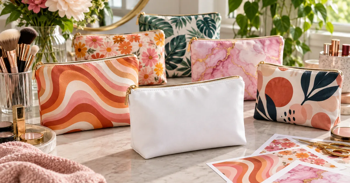 Personalized sublimation cosmetic pouches with floral and groovy designs on a beauty craft table