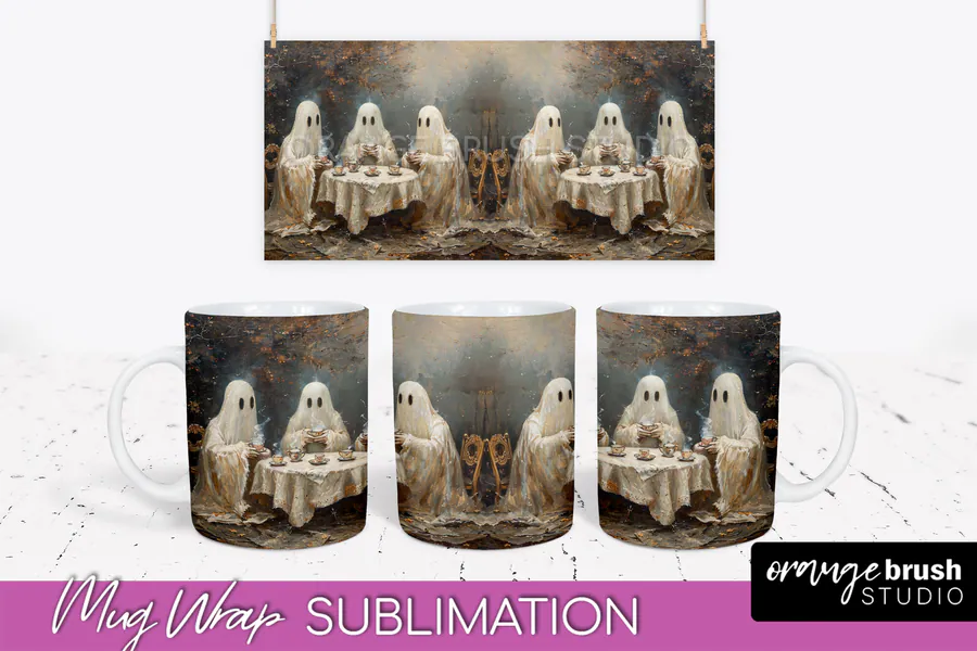 Vintage Halloween Ghost Mug Wrap preview for sublimation mug wrap designs