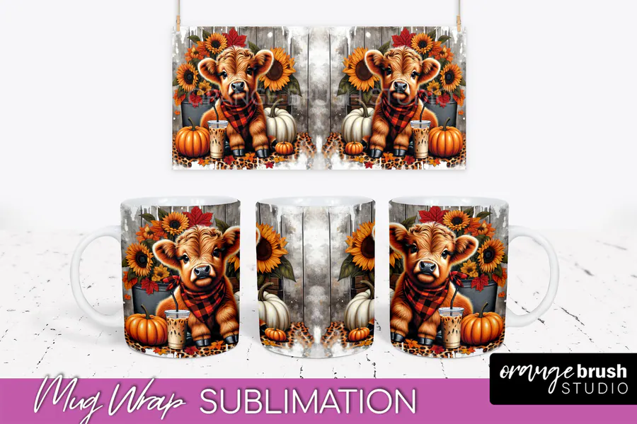 Highland Cow Fall Mug Wrap preview for sublimation mug wrap designs