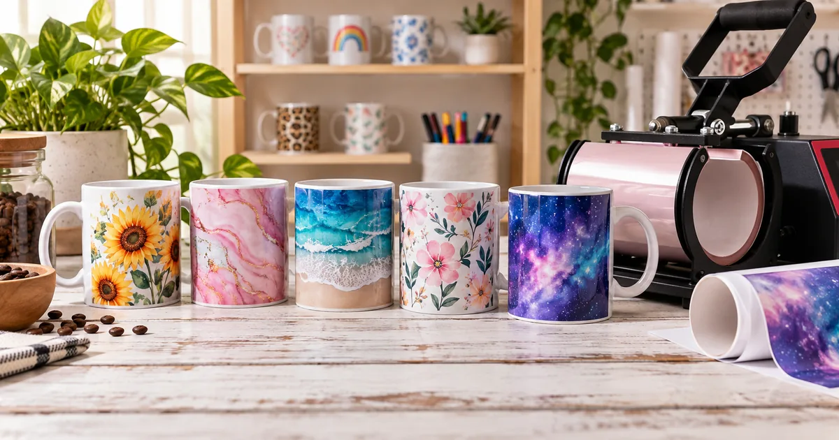 Colorful sublimation mug wraps on ceramic coffee mugs beside a mug press