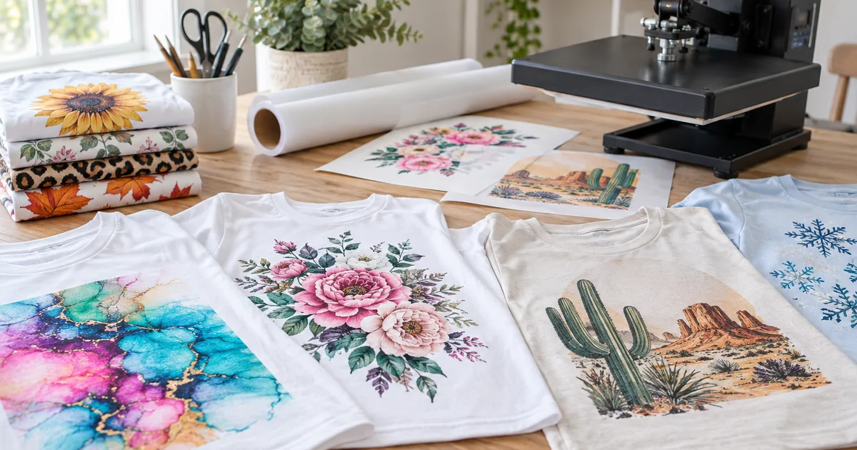 Colorful sublimation shirt transfers and light apparel blanks on a bright craft table