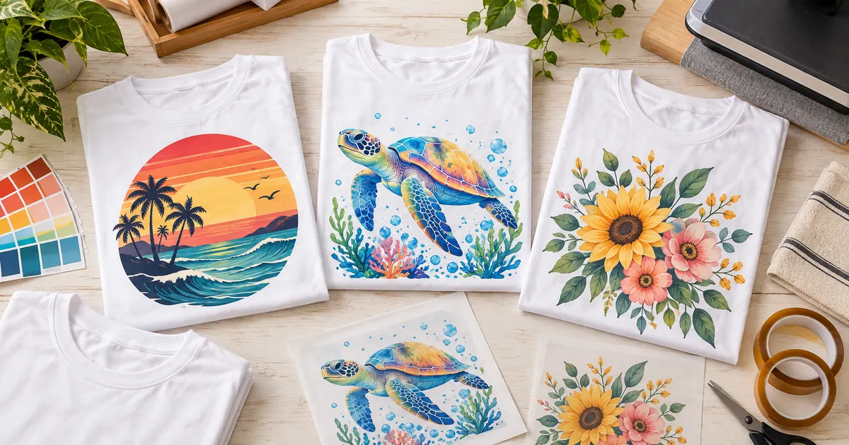 Colorful sublimation shirt ideas with sunset, sea turtle and botanical artwork