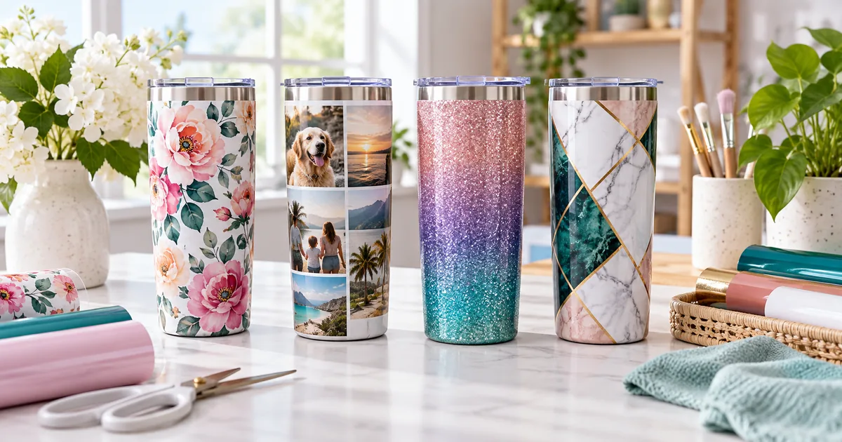 Colorful sublimation tumblers with photo, floral and glitter wraps on a bright craft table