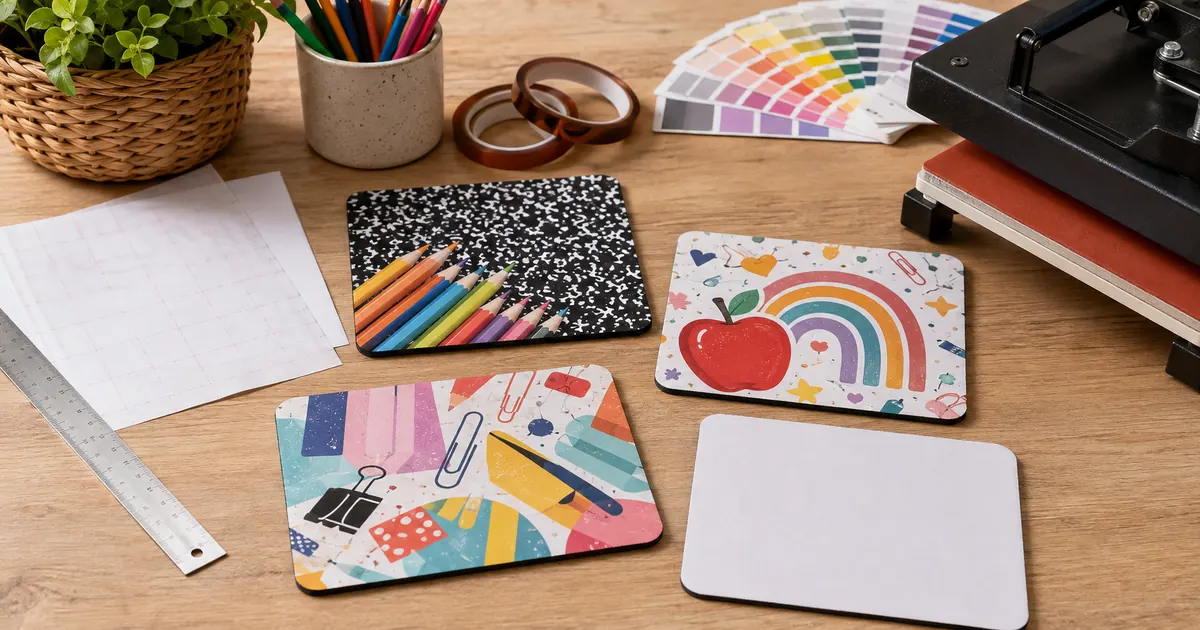 Teacher mouse pad sublimation designs with composition patterns, pencils and classroom artwork