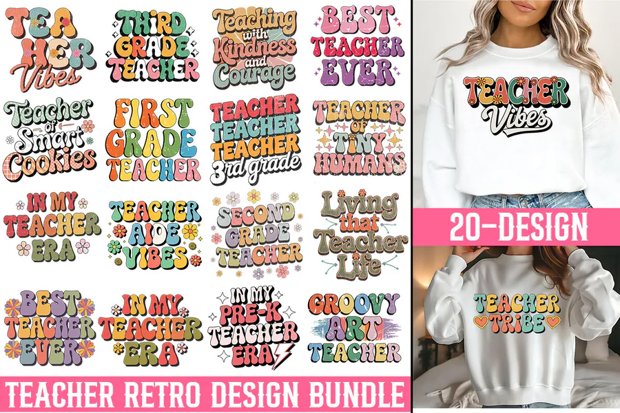 Teacher Retro Sublimation Design Bundle preview for teacher sublimation designs