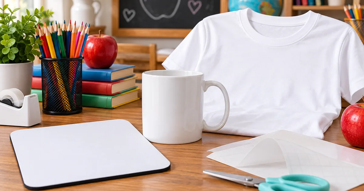 Teacher sublimation gifts including a mug, mouse pad and shirt with classroom motifs