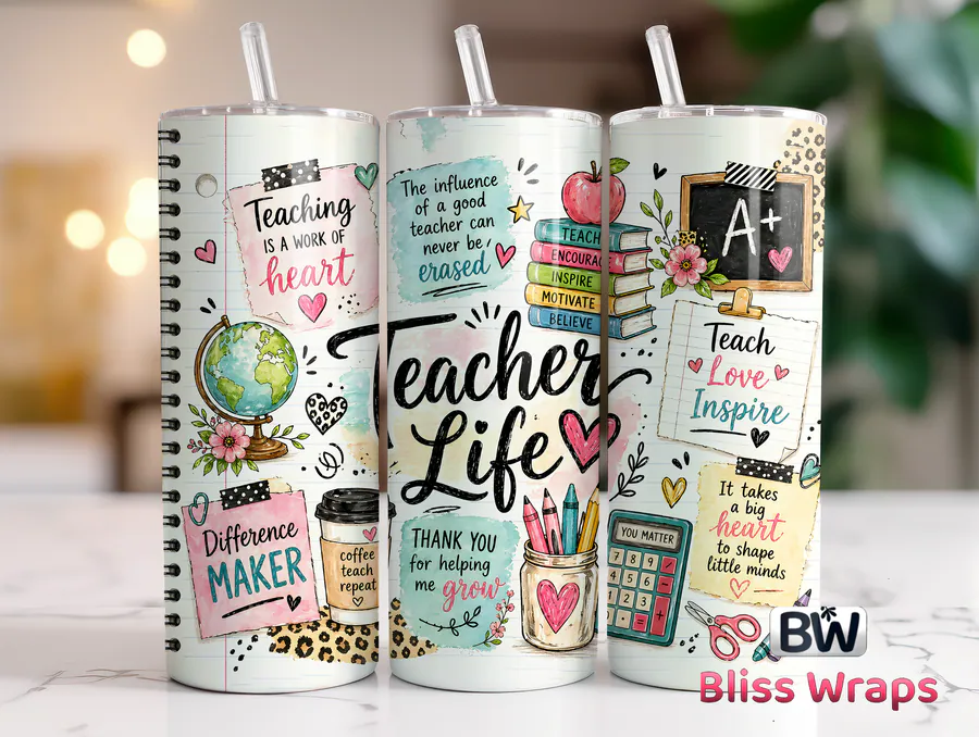 Teacher Life Tumbler Wrap PNG preview for teacher sublimation designs