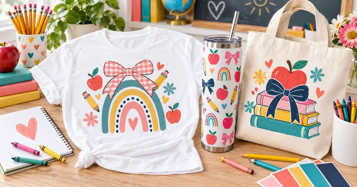 Teacher sublimation gifts with apples, pencils, bows and classroom colors