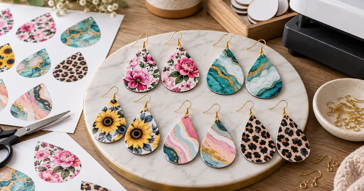 Teardrop sublimation earrings with floral and marble patterns on a jewelry craft table