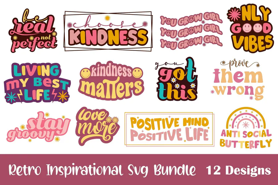 Retro Inspirational Quotes SVG Bundle preview for quote craft projects