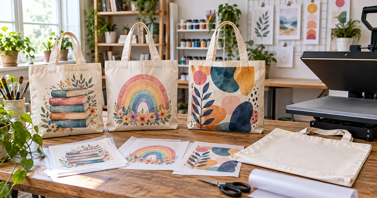 Personalized sublimation tote bags with bookish, rainbow and quote artwork in a bright studio