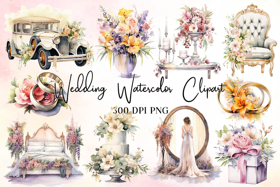 Wedding Watercolor Sublimation Clipart preview for wedding sublimation designs