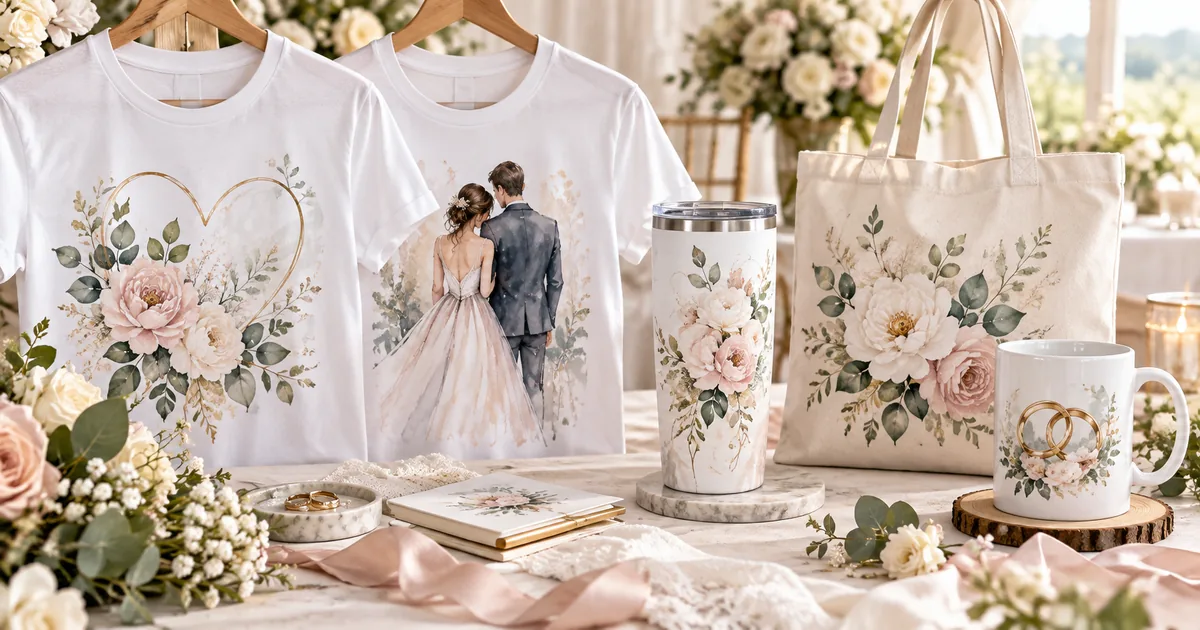 Romantic wedding sublimation gifts with floral shirts, bridal tumblers and a keepsake tote