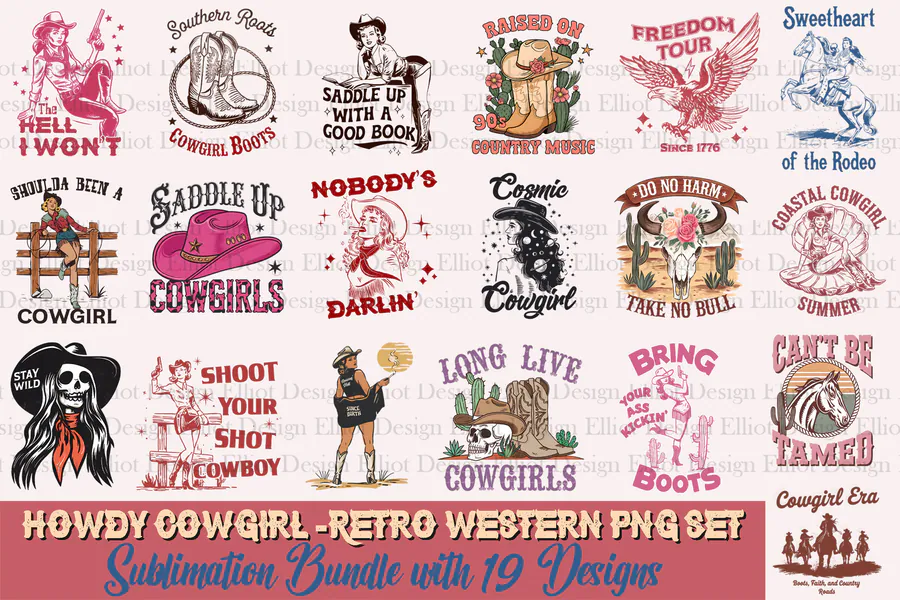Howdy Cowgirl Retro Western PNG Bundle preview for western sublimation