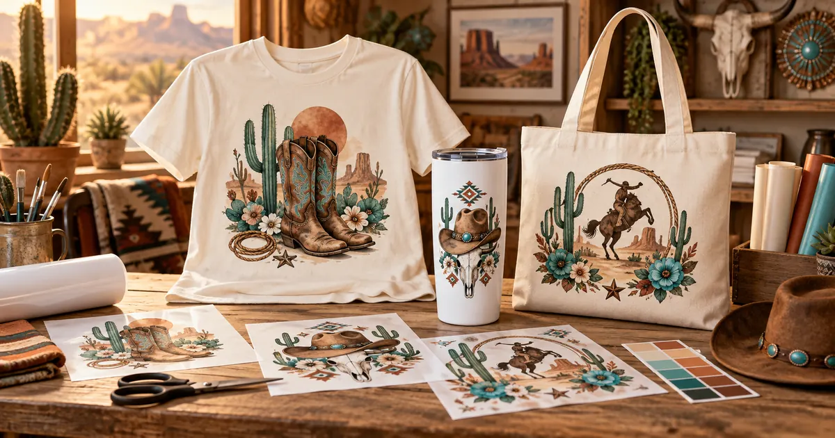 Western sublimation crafts with cowboy boots, cactus and turquoise accents