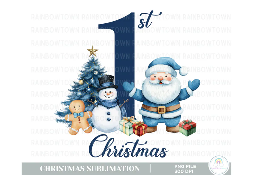 Blue Santa, snowman and Christmas tree around a large first-Christmas numeral