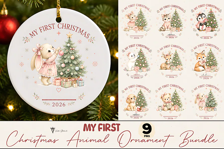 Nine watercolor animal first-Christmas ornament designs dated 2026