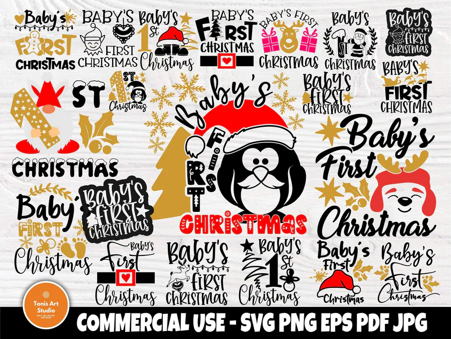 Twenty baby's first Christmas designs with lettering, footprints and festive motifs