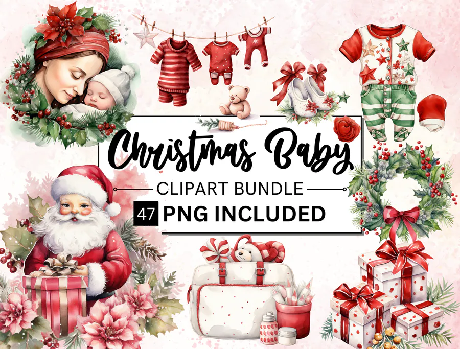 Watercolor Christmas baby clipart with festive clothing, characters and greenery
