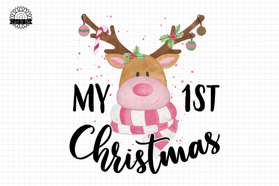 Smiling reindeer with a pink scarf and My 1st Christmas lettering
