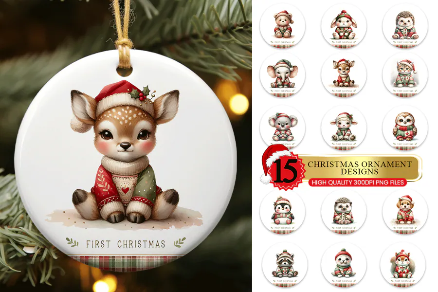 Fifteen baby animal first-Christmas designs for round ornaments