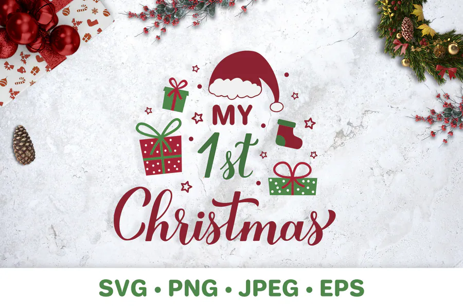 My 1st Christmas lettering with a Santa hat and red-and-green gifts